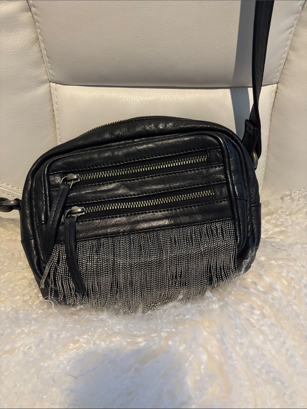 Free People Black Fringe Crossbody with Dual Zips